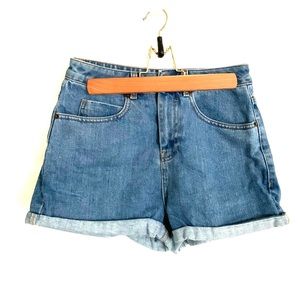 ASOS high waist denim mom shorts in Mid Wash